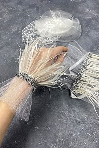 Beyaz Vualet Nikah Şapkası Saç Aksesuarı Ve Seren Tüylü Çift Bilek Aksesuarı