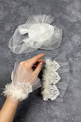 Beyaz Vualet Nikah Şapkası Saç Aksesuarı Ve Lavinia Çift Bilek Aksesuarı