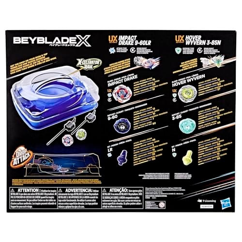 Beyblade Beystadium Arena ile X Drop Attack Savaş Seti, 2 Takara Tomy Üstleri ve Fırlatıcıları, Impact Drake 9-60LR & Hover Wyvern 3-85N, Savaş Oyunu Oyuncakları, 8+ Yaş