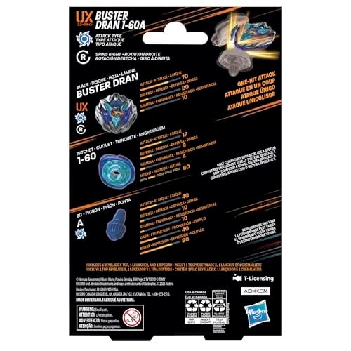 Beyblade X Buster Dran 1-60A UX Başlangıç Paketi Seti, Saldırı Tipi Üst ve Başlatıcılı; Otantik Takara Tomy Battle Tops Oyunlar/Erkek ve Kız Çocukları için Oyuncaklar 8+