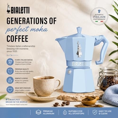 Bialetti - Moka Exclusive: 3 Cups Ocak Üstü Espresso Pişirici - 130ml - Mavi Renk - Alüminyum Gövde - Patentli Güvenlik Valfi - Tüm Ocak Türleri İçin Uygundur (İndüksiyon Hariç)