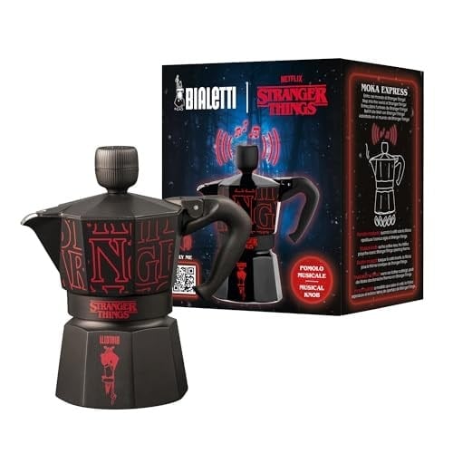 Bialetti - Moka Express Stranger Things: 3 Cups Ocak Üstü Espresso Pişirici, Müzikli, 130ml, Siyah, Patentli Güvenlik Valfi