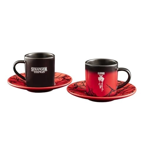 Bialetti Stranger Things 2 Fincan ve 2 Tabak Seti - Isıya Duyarlı Renk Değiştiren - Bulaşık Makinesinde Yıkanamaz - Her biri 80 ml, Siyah