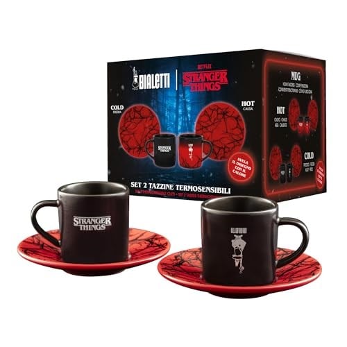 Bialetti Stranger Things 2 Fincan ve 2 Tabak Seti - Isıya Duyarlı Renk Değiştiren - Bulaşık Makinesinde Yıkanamaz - Her biri 80 ml, Siyah