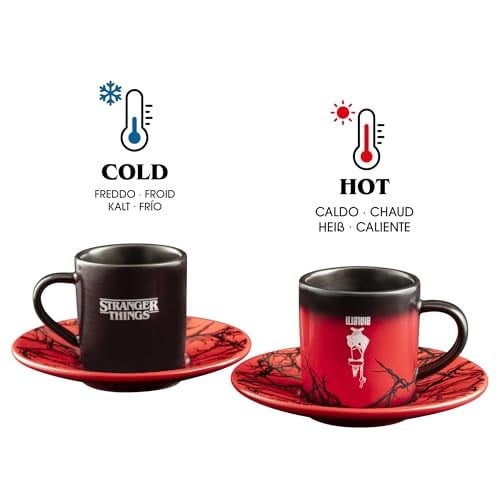 Bialetti Stranger Things 2 Fincan ve 2 Tabak Seti - Isıya Duyarlı Renk Değiştiren - Bulaşık Makinesinde Yıkanamaz - Her biri 80 ml, Siyah