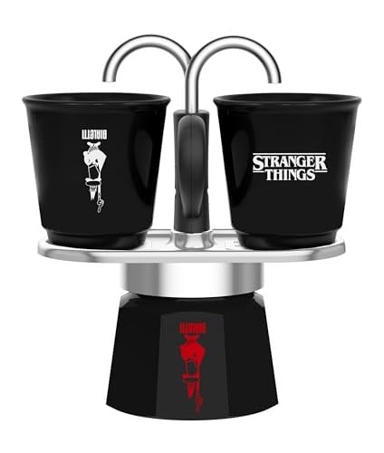 Bialetti - Stranger Things Set Mini Express: Ocak Üstü Espresso Pişirici + 2li Seramik Isıya Duyarlı Shot Bardağı Seti, Renk Değiştiren, İndüksiyonlu Ocaklar İçin Uygun Değil, Siyah