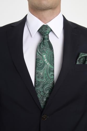 Bianze Yeşil Beyaz Şal Motif Desen Kravat Mendil Set