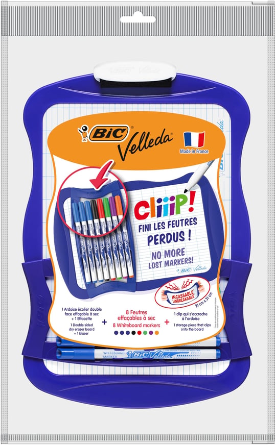 BIC 967444 Velleda Cliiip Set Beyaz Tahta (21 x 31 cm) Silecek; 8 Silinebilir Marker -10lu Set, Çeşitli Renklerde
