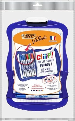 BIC 967444 Velleda Cliiip Set Beyaz Tahta (21 x 31 cm) Silecek; 8 Silinebilir Marker -10lu Set, Çeşitli Renklerde