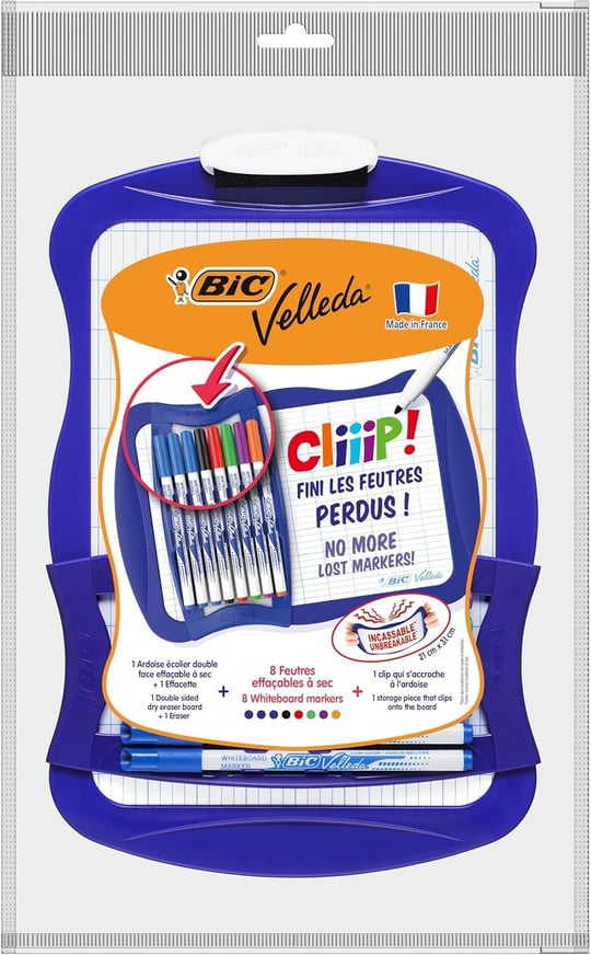 BIC 967444 Velleda Cliiip Set Beyaz Tahta (21 x 31 cm) Silecek; 8 Silinebilir Marker -10lu Set, Çeşitli Renklerde