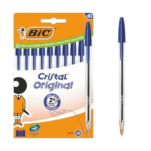 BIC Cristal Orijinal Tükenmez Kalem, Orta Uçlu (1,00 mm), Altıgen Şaft ve Uygun Kapaklı - Mavi, Her Biri 10 Adet Karton Kutu