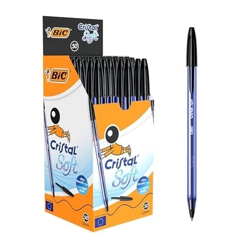 BIC Cristal Soft Tükenmez Kalem, Siyah, 50li Kutu, 1.2 mm Orta Kalınlıkta Uç, Şeffaf Gövde, Delikli Kapak