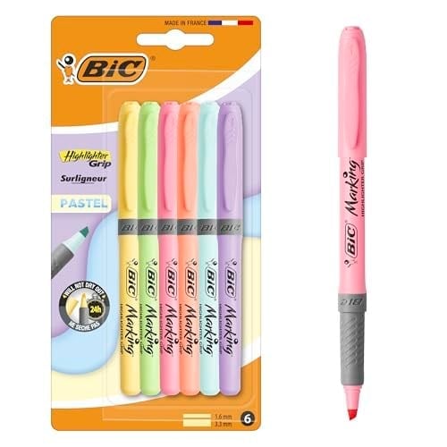 BIC Intensity Highlighter Grip Pastel Marker Fosforlu Kalem 6lı Blister, Su Bazlı Mürekkep, 6 Pastel Renk, Kauçuk Tutaçlı