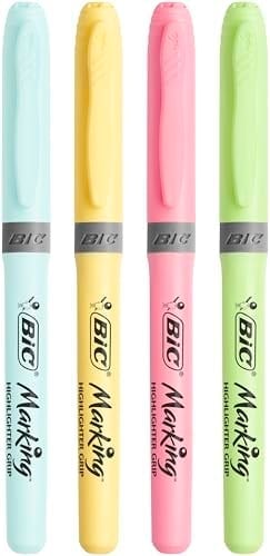 BIC Intensity Highlighter Grip Pastel Marker Fosforlu Kalem 6lı Blister, Su Bazlı Mürekkep, 6 Pastel Renk, Kauçuk Tutaçlı