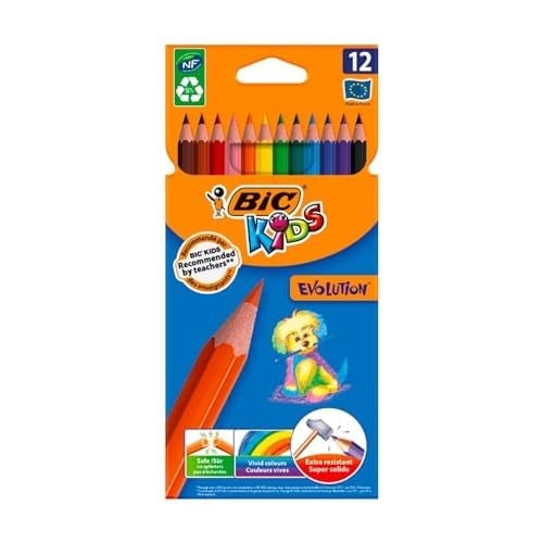 BIC Kids Evolution Kuru Boya Kalemi, 12li Kutu, Kıymık Oluşturmaz, Çiğnemeye Karşı Dayanıklı, Kolay Açılır