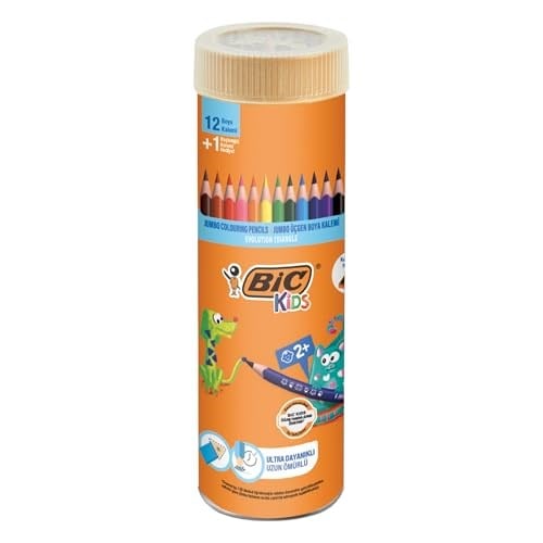 BIC Kids Evolution Üçgen Jumbo Boya Kalemi 13lü Metal Tüp, Üçgen Tasarım, Kıymık Oluşturmaz, Çiğnemeye Karşı Dayanıklı