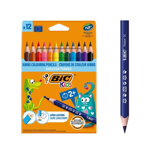 BIC Kids Evolution Üçgen Jumbo Kuru Boya Kalemi, 12li Kutu, 2 Yaş ve Üzeri Çocuklar için İdeal, Kıymık Oluşturmaz, Çiğnemeye Karşı Dayanıklı