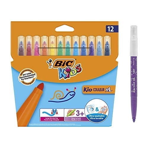 BIC Kids Kid Couleur XL Keçeli Kalem, 12 Yıkanabilir Renkte, Kalın Uçlu, Karton Kutuda, 3 Yaşından İtibaren