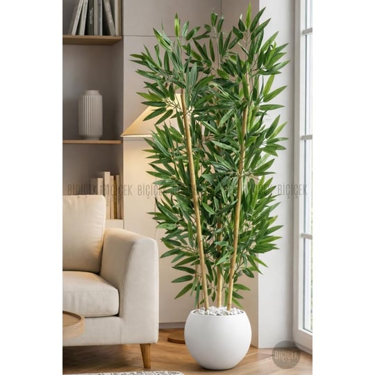Biçiçek 125cm Yapay Bambu Ağaci Küre Saksida Beyaz