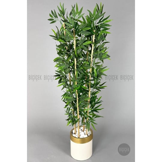 Biçiçek Yapay Bambu Ağacı 140cm Krem Gold Metal Saksıda