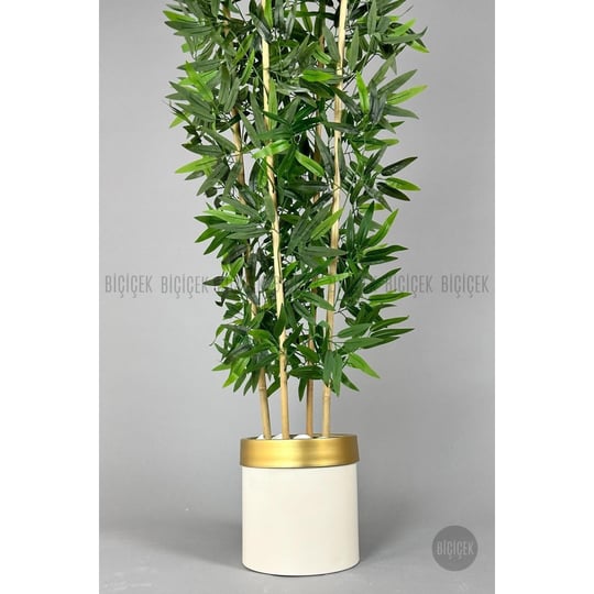 Biçiçek Yapay Bambu Ağacı 140cm Krem Gold Metal Saksıda