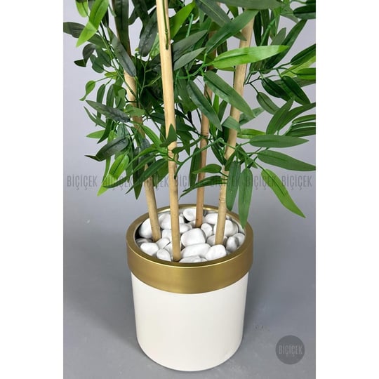 Biçiçek Yapay Bambu Ağacı 140cm Krem Gold Metal Saksıda