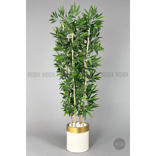 Biçiçek Yapay Bambu Ağacı 140cm Krem Gold Metal Saksıda