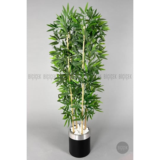Biçiçek Yapay Bambu Ağacı 140cm Siyah Gümüş Metal Saksıda
