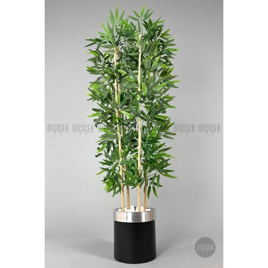 Biçiçek Yapay Bambu Ağacı 140cm Siyah Gümüş Metal Saksıda