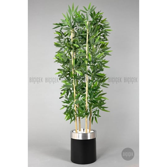 Biçiçek Yapay Bambu Ağacı 140cm Siyah Gümüş Metal Saksıda