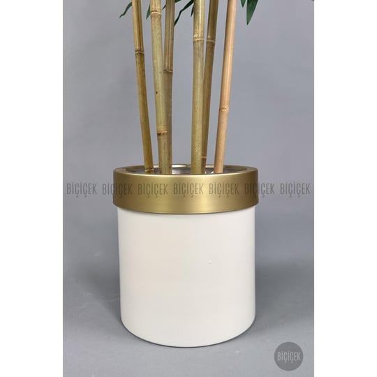 Biçiçek Yapay Bambu Ağacı 170cm Krem Metal Saksıda Gold
