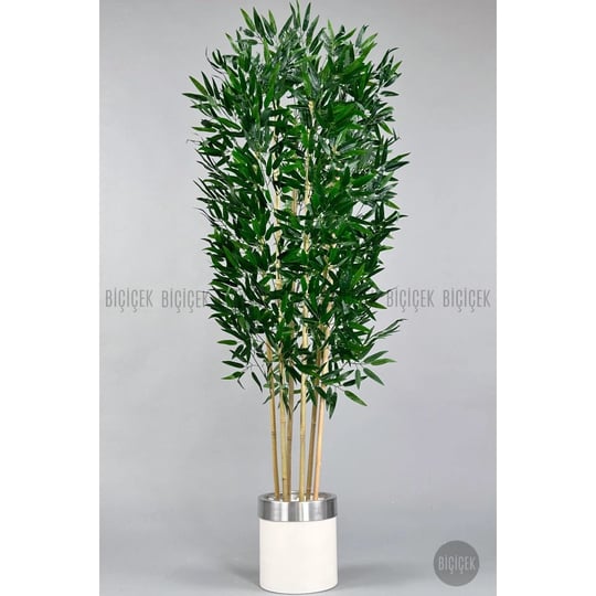 Biçiçek Yapay Bambu Ağacı 170cm Krem Metal Saksıda Gümüş