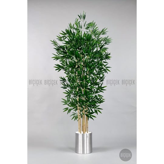 Biçiçek Yapay Bambu Ağacı 180cm Metal Saksıda Yoğun Yapraklı 7 Dallı