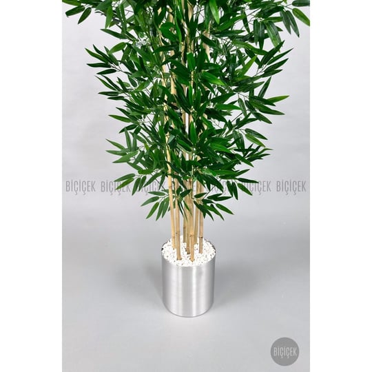 Biçiçek Yapay Bambu Ağacı 180cm Metal Saksıda Yoğun Yapraklı 7 Dallı