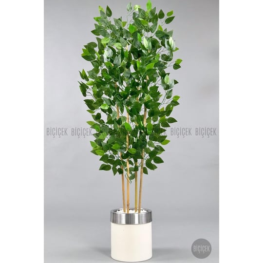 Biçiçek Yapay Benjamin Ağacı 140cm Krem Gümüş Metal Saksıda
