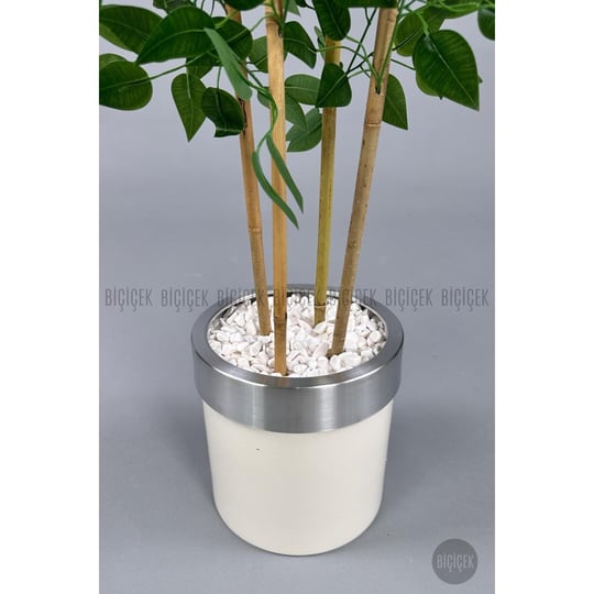 Biçiçek Yapay Benjamin Ağacı 140cm Krem Gümüş Metal Saksıda