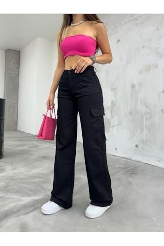 BİKELİFE Açık Yeşil Kargo Cepli Likralı Yüksek Bel Wide Leg Pantolon-1