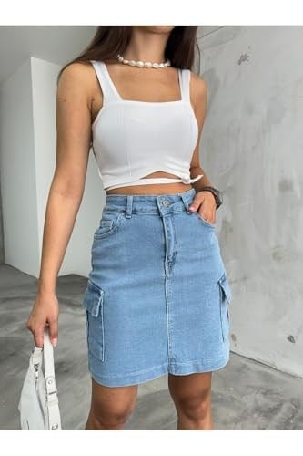 BİKELİFE Kadın Kargo Cep Detaylı Yüksek Bel Mini Denim Etek-1