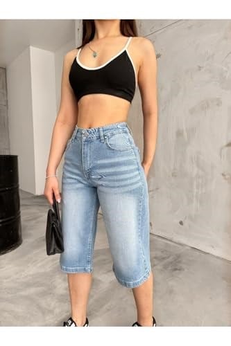 BİKELİFE Kadın Yüksek Bel Diz Altı Baggy Bermuda Şort Denim-1