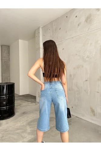 BİKELİFE Kadın Yüksek Bel Diz Altı Baggy Bermuda Şort Denim-1