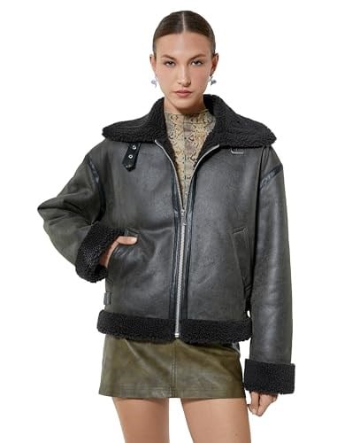Biker Ceket Suni Deri Peluş Detaylı Fermuarlı Cepli
