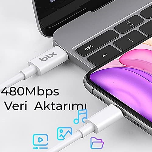 Bix BXUC65FTA 65W PD Typ-C Girişli Macbook Pro/Air Şarj Cihazı, MacBook Air/Pro 13/14/15/16 İnç Led Göstergeli ve Tüm Type-C Cihazlarıyla Uyumlu 2 Metre Type-C’den Type-C’ye Kablo