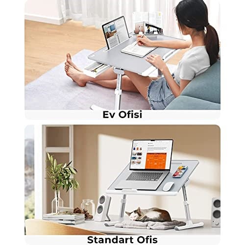 Bix SAIJI K7 Ultimate PVC Deri Çıkarılabilir Silikon Bölmeli Depolama Çekmeceli Ayarlanabilir Katlanır Dizüstü Yatak Masası, Laptop Çalışma Masası, Çıkarılabilir Kitaplık Gümüş