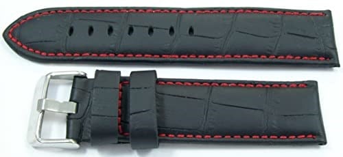 Bizon Deri Saat Kayışı 24mm Kordon Siyah Kırmızı Dikişli Kroko B