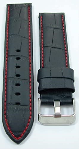 Bizon Deri Saat Kayışı 24mm Kordon Siyah Kırmızı Dikişli Kroko B
