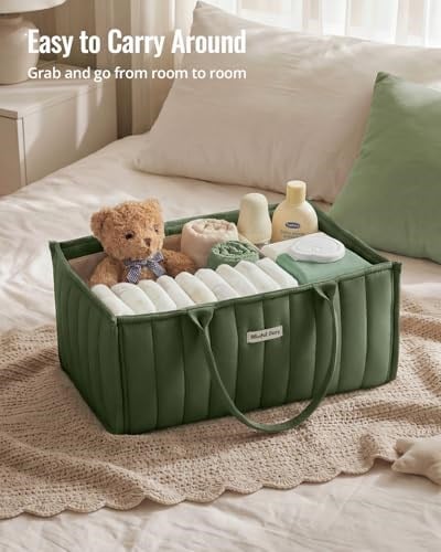 Blissful Diary Bebek Bezi Caddy Sepeti, Şık Bebek Bezi Caddy Organizatörü, Bebek Bezi Saklama Sepeti - Yenidoğan Bebek Duş Listesi ve Bebek Olması Gerekenler için Bebek Hediye Kaydı - Koyu Yeşil