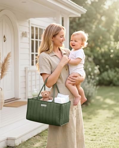 Blissful Diary Bebek Bezi Caddy Sepeti, Şık Bebek Bezi Caddy Organizatörü, Bebek Bezi Saklama Sepeti - Yenidoğan Bebek Duş Listesi ve Bebek Olması Gerekenler için Bebek Hediye Kaydı - Koyu Yeşil