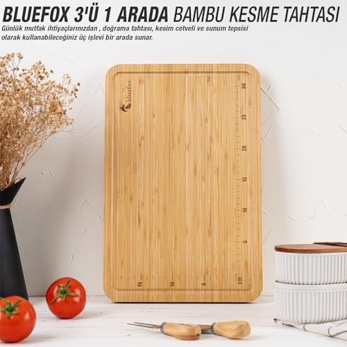Bluefox 3ü 1 Arada Bambu Kesme Tahtası: Doğrama Tahtası, Kesim Cetveli ve Tepsi Fonksiyonlarıyla Mutfakta Pratik Çözüm,Su Oluklu, Bıçak Dostu, Neme - Seçenekler: 33 x 24 cm & 28 x 22 cm, 38U x 25G cm