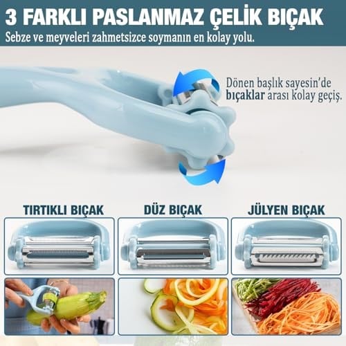 Bluefox 3ü 1 Arada Patates & Sebze Soyucu – Paslanmaz Çelik Bıçaklı, Düz + Tırtıklı + Jülyen Soyma, Ergonomik Sap, Bulaşık Makinesine Uygun, Kompakt & Dayanıklı Mutfak Gereci
