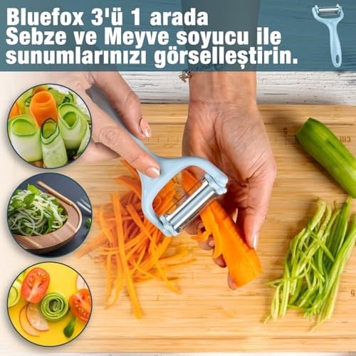 Bluefox 3ü 1 Arada Patates & Sebze Soyucu – Paslanmaz Çelik Bıçaklı, Düz + Tırtıklı + Jülyen Soyma, Ergonomik Sap, Bulaşık Makinesine Uygun, Kompakt & Dayanıklı Mutfak Gereci